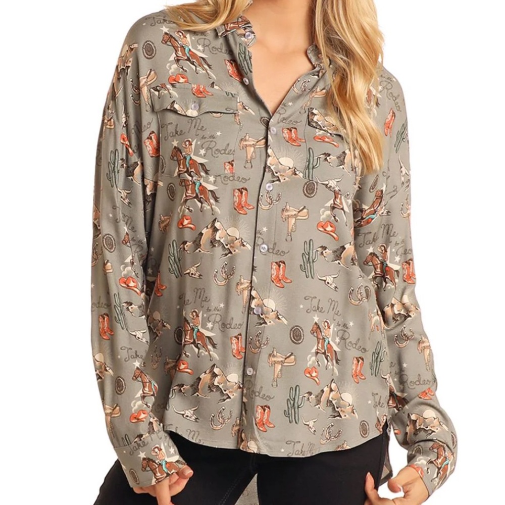 Rock & Roll Cowgirl NWT Retro Western Print Button Down Rodeo Green Womens 2X